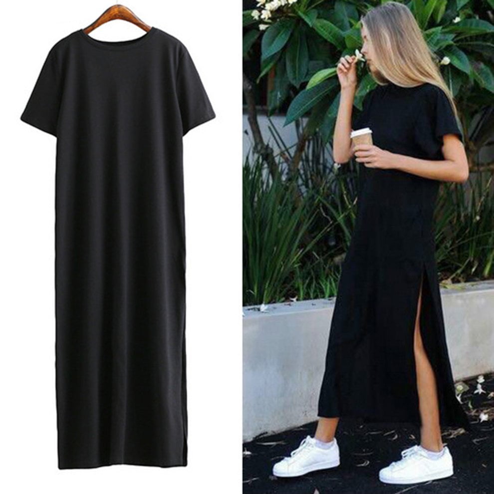2021 Newest Casual Women Dress Short Sleeve Round Collar Side Slit Solid  Color Loose Summer Dress Bottoming Long Dress black | Walmart Canada